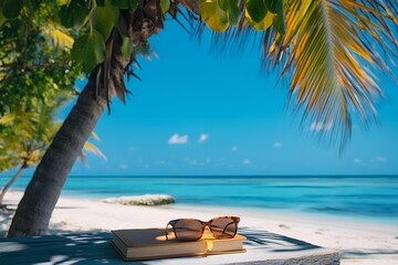 Wall Mural - close-up of books and sunglasses on a table with a blue sky background, a summer vacation concept