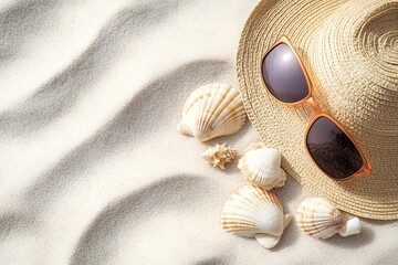 Wall Mural - a beach scene with sunglasses, a hat, and a starfish on the sand. the background is blue sea water w