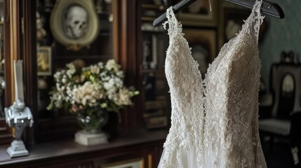 Wall Mural - A wedding dress hangs on a hanger in front of a mirror