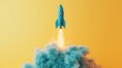 © NCSF - Blue Rocket Launching with Colorful Smoke, A blue rocket launching amidst colorful smoke against a vibrant yellow background
