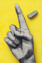 Poster - A Bold Graphic Representation of a Hand Gesture Against a Vibrant Yellow Background Highlights Modern Pop Art Aesthetic in Design and Illustration.