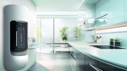 Poster - kitchen with an air purifier mounted on the wall, filtering out cooking fumes and odors.