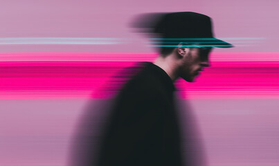Poster - Dynamic Neon Portrait: Capturing the Essence of Modern Lifestyle Through Motion and Color in Urban Settings
