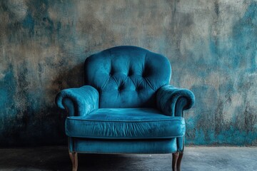 Wall Mural - A single blue chair in front of a blue wall