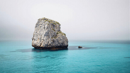 Poster - A large rock in the middle of a body of water, surrounded by a vast expanse of sky. The rock stands out prominently against the backdrop of the sky, with its texture and color distinctly visible. The 