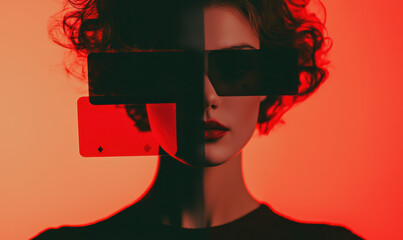Poster - A Stunning Portrait Blending Bold Colors and Shadows, Capturing the Enigmatic Beauty and Modern Style of Fashion in a Unique Expression.