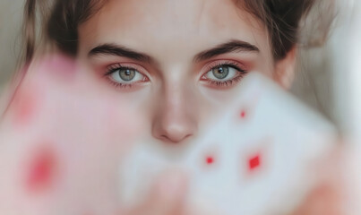 Poster - Captivating Portrait of a Young Woman with Striking Eyes and Playing Cards, Evoking Mystery and Elegance in a Close-Up Shot