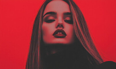 Poster - Striking Portrait of a Stylish Model Against a Bold Red Background Capturing Beauty, Intensity, and Emotion with Vivid Details and Aesthetic Charm