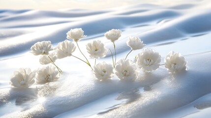 Poster - Delicate white flowers bloom above a gentle snow covered landscape