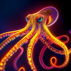 Poster - psychedelic minimal archigram of a nature octopus with curly and long arms 