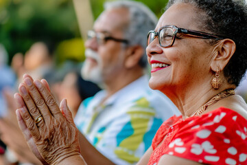 Brazilian senior couple attending a samba festival, clapping along to the music, enjoying the lively atmosphere and bright colors.