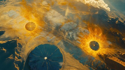 Poster - high-tech solar farm, displaying massive arrays of solar panels reflecting sunlight.