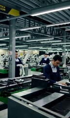 Poster - Modern industrial assembly line: seamless teamwork and precision engineering in action