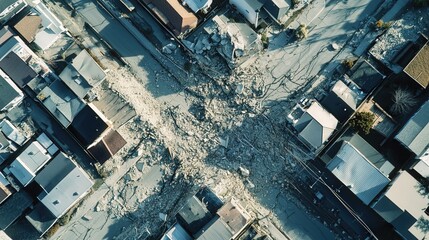 Poster - earthquake's aftermath, showing fractured roads, collapsed buildings, and displaced land.