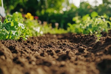 Poster - A garden scene with abundant dirt and various plants, suitable for environmental or agricultural themes