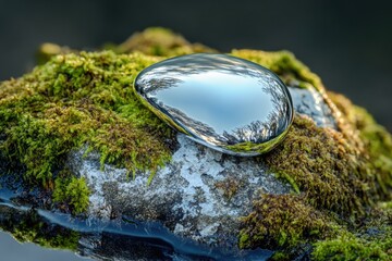 Poster - A calm and peaceful scene with a tree's reflection in a glass surface on a rock, perfect for using as a background or adding to any nature-inspired design