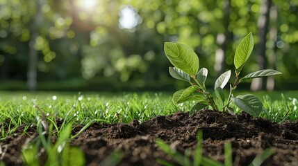 Canvas Print - Fresh Seedling Growing in Soil Surrounded by Lush Green Grass in Sunlit Nature Scene