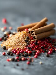 Wall Mural - Cinnamon sticks and mixed peppercorns on rustic gray surface for culinary spices blend