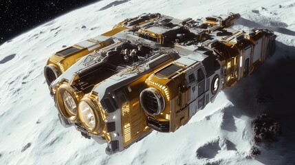 Poster - spacecraft built to mine and refine resources from comets, equipped with automated mining drones, refineries,