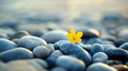 Poster - tiny golden blossom that thrives among smooth beach pebbles.