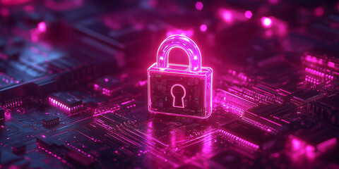 Poster - Glowing pink padlock icon on a dark, circuit board-like background with red light trails. Represents security, technology, and digital protection.