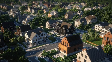 Poster - large-scale housing project being built, with streets, foundations, and house frames coming together.