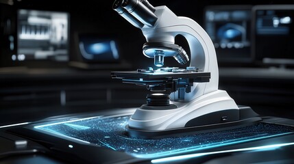 Poster - modern surgical microscope with enhanced zoom and lighting features, aiding surgeons in performing delicate procedures.
