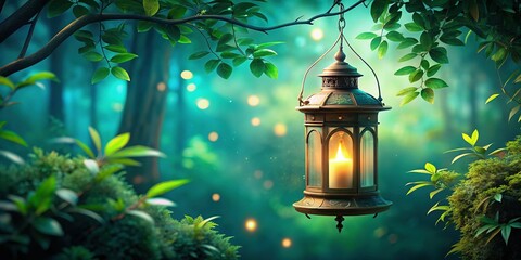Wall Mural - Glowing Lantern in Lush Green Foliage - Teal Background Stock Photo