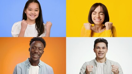 Poster - A joyful and diverse group of adults and children display their happiness and excitement through gestures of victory.