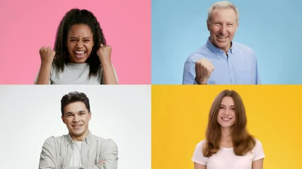 Poster - Groups of diverse adults and children display excitement and happiness through gestures of victory. Emotions run high as everyone shares in the triumph and cheerful moments together.