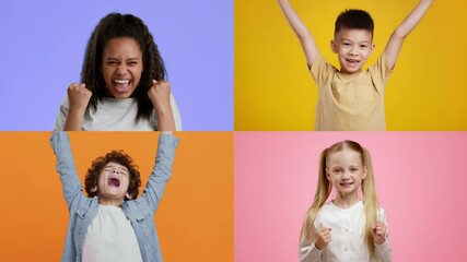 Poster - A joyful group of kids expresses excitement and victory with enthusiastic gestures. Their diverse backgrounds shine through as they share happy moments of triumph, radiating positivity.