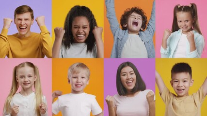 Poster - A lively group of diverse adults and children celebrating in a vibrant setting. They showcase emotions of success and happiness through joyful gestures and expressions.