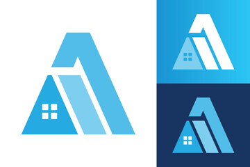 Poster - The image shows a flat monogram logo design of an initial letter A with a house shape in blue color that looks clean and modern on a white background.