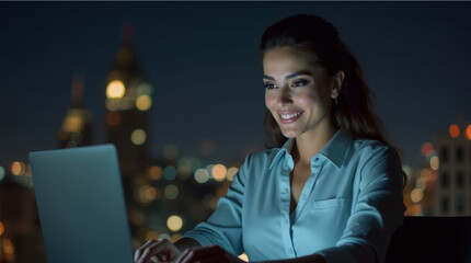 Young woman working on laptop in office at night with city lights in background