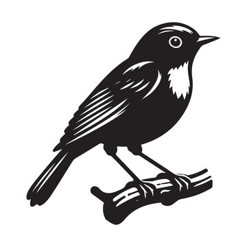 Robin bird Silhouette Vector Illustration, Solid White Background.