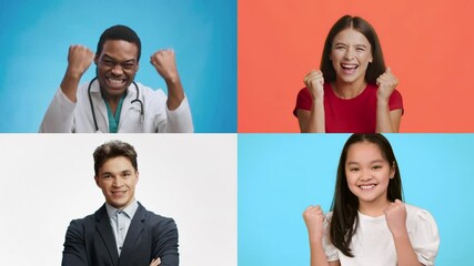 Poster - Four individuals express joy and celebration through gestures of triumph. Their emotions radiate happiness and excitement, embodying a spirit of success and togetherness.