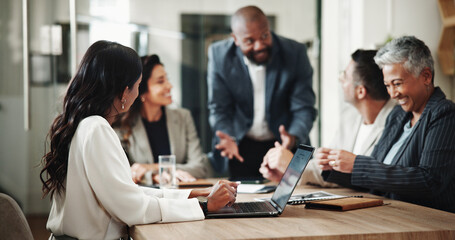 Poster - Office, corporate and business people with laptop for meeting, investment project and discussion. Teamwork, employees and ceo for accounting firm with feedback, financial update and report review