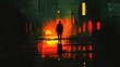 © Dzmitry Halavach - Silhouette of Man in Rainy Noir Alley with Red Neon Lights