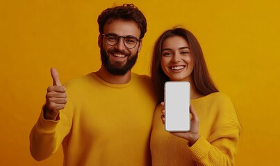 Great offer. Happy young couple dancing and pointing at giant cellphone showing blank space for mock up design, hand holding white screen