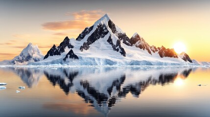 A breathtaking Arctic landscape featuring a massive glacier reflecting the golden light of a midnight sun.