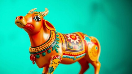 Wall Mural - vibrant hand-painted holy indian cow statue intricate details teal background
