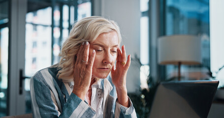 Poster - Mature, tired woman and headache with laptop for stress, financial crisis or mistake at office. Female person, business employee or frustrated with migraine on computer for strain, debt or burnout