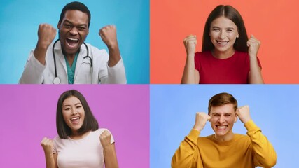 Poster - A diverse group of people, including adults and kids, expresses joy and excitement through enthusiastic gestures.
