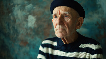 An elderly Frenchman with a weathered face, dressed in traditional sailor attire, featuring a striped navy blue sweater and a classic black beret, embodying maritime charm.