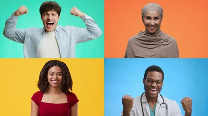 Poster - A diverse group of adults and children expresses joy and triumph through cheerful gestures. Different backgrounds and emotions showcase unity and happiness in moments of success.