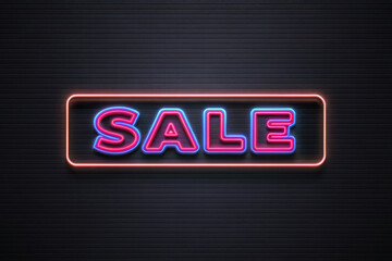 Poster - Bright neon sale sign glowing against dark background, attracting attention
