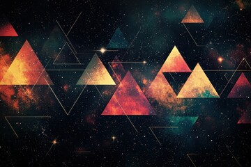Poster - A breathtaking digital artwork featuring geometric triangles against a vibrant galaxy backdrop, showcasing a nebula dust and sparkling starfield for modern futuristic designs.