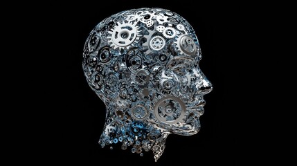 Fototapete - Human head shape filled with interlocking gears symbolizing advanced artificial intelligence technology and cognitive processes. Generative AI