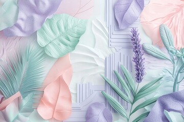 Poster - A pastel-colored botanical abstract arrangement featuring stylized leaves and decorative elements, creating a serene and dreamy aesthetic in a modern composition style.