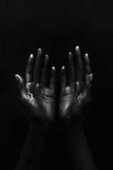 Poster - In a striking contrast against a pitch-black backdrop, a pair of open hands extends outward, embodying a sense of longing and vulnerability